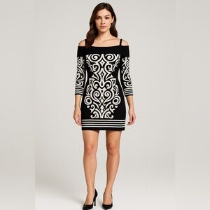 Cache Black White Cold Shoulder Mini Dress M | Geometric Paisley Knit Retro Y2K